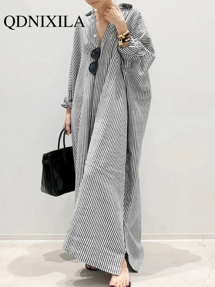 in Elegant Striped Cardigan Loose Oversized Dress Womens Tops Women Shirts Ladies Robe Long Sleeve Blouse Button Up Shirt 240325