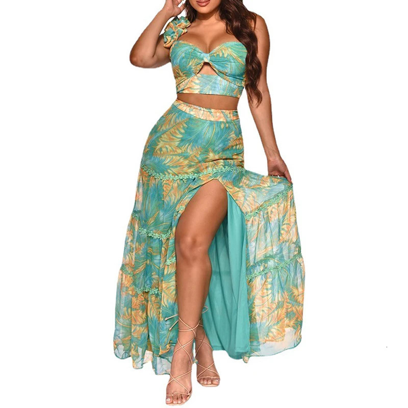 Summer Women Sexy Slim Two Piece Set Off Shoulder Split Floral Print Crop Tops And Long Skirt Suit Lady Elegant 2 Piece Sets 240325