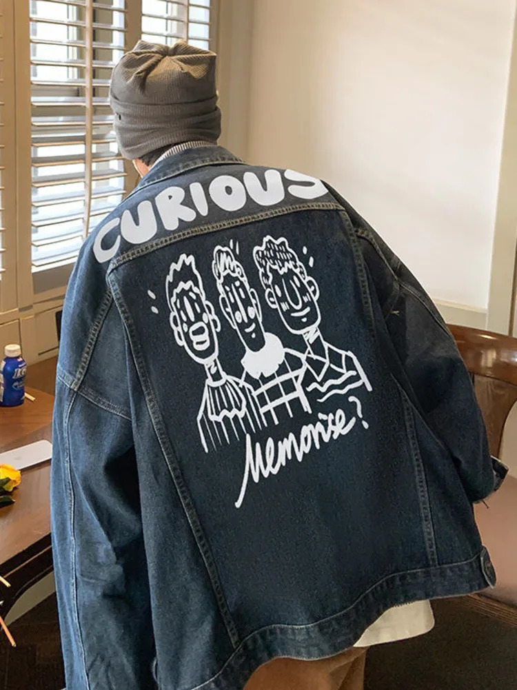Men Vintage Cartoon Printed Denim Jacket Top Cute Spring Autumn Chic Male Unisex Loose Jeans Coat Casual Overcoat Outerwear 240319