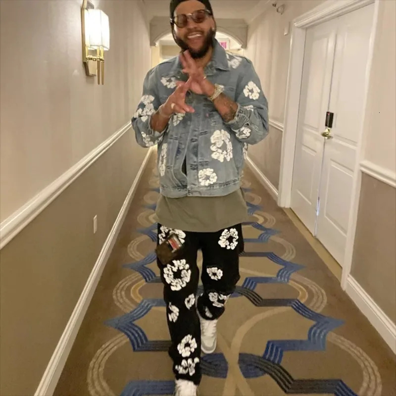 High Street Kapok Print Denim Jacket Men Hip Hop Y2k Jeans Coat Unisex Casual Loose Retro American Style Cowboy Outwear Women 240319