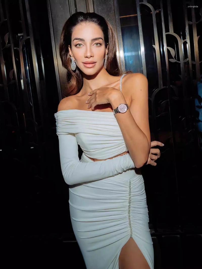 Work Dresses Summer Women Sexy Long Sleeves 2-piece Set One Shoulder Pearl Design Crop Top & Maxi Split Drap Skirt Suit