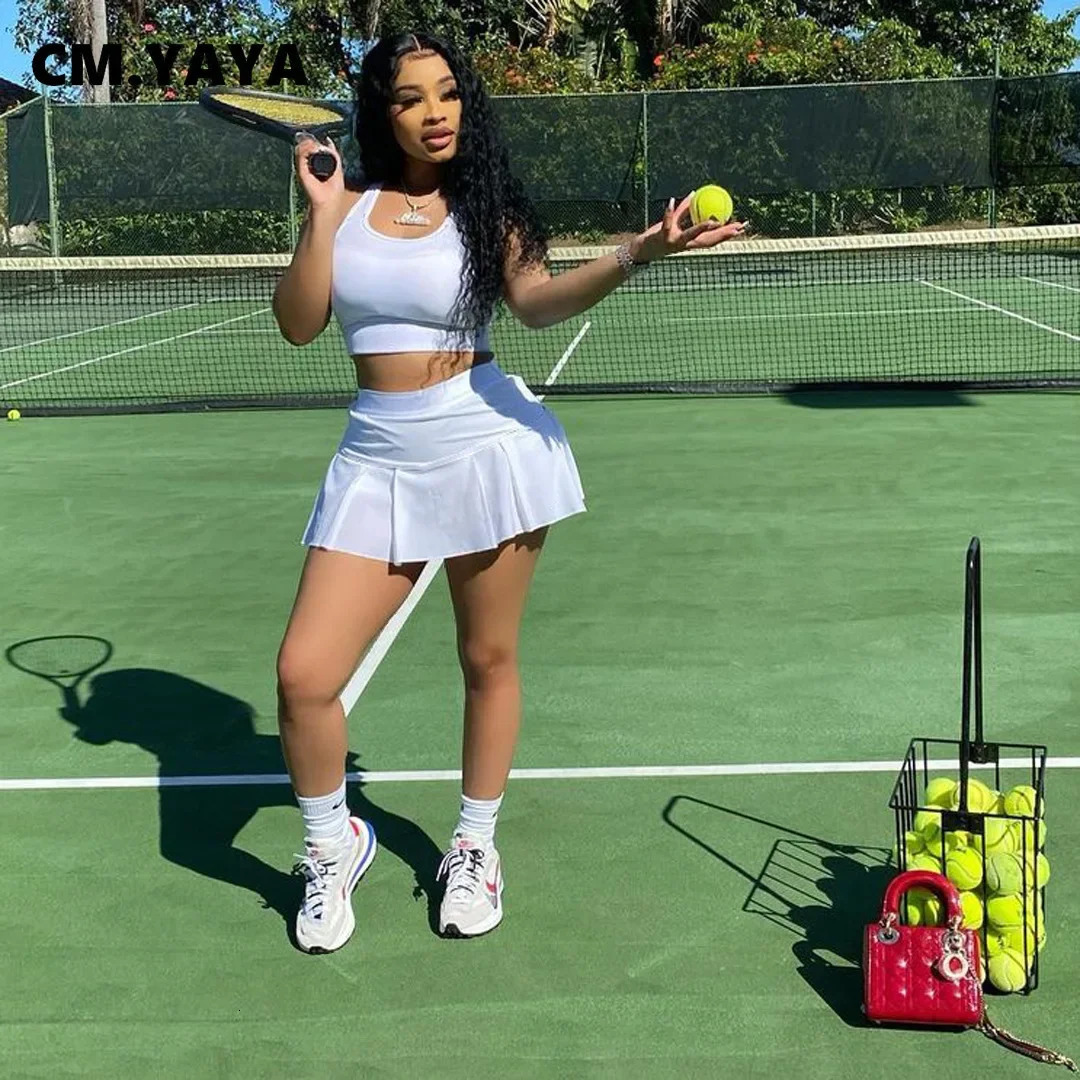 CM.YAYA Sporty Women Two 2 Piece Outfits Set Tank Tops and Pleated Skirts Jogger Fashion Sweatsuit Matching Set Active Tracksuit 240328