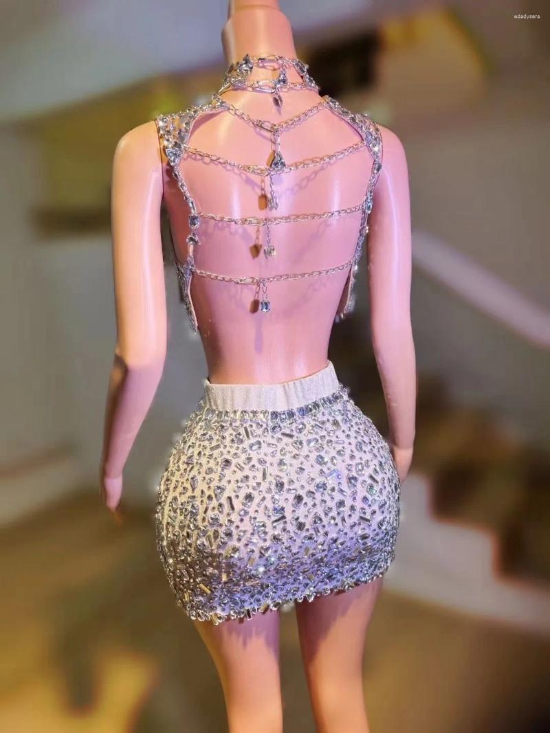 Work Dresses Flashing Rhinestone Sexy Halter Backless Two-Pieces Set Birthday Evening Party Celebrate Stage Costume Nightclub Ball Gown