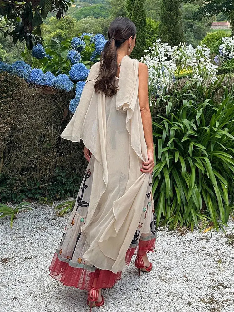 Womens Print Ruffles Spliced Maxi Dress Sexy Off Shoulder Backless Sleeveless Vestidos 2024 Casual Loose Vacation Beach Robe 240315