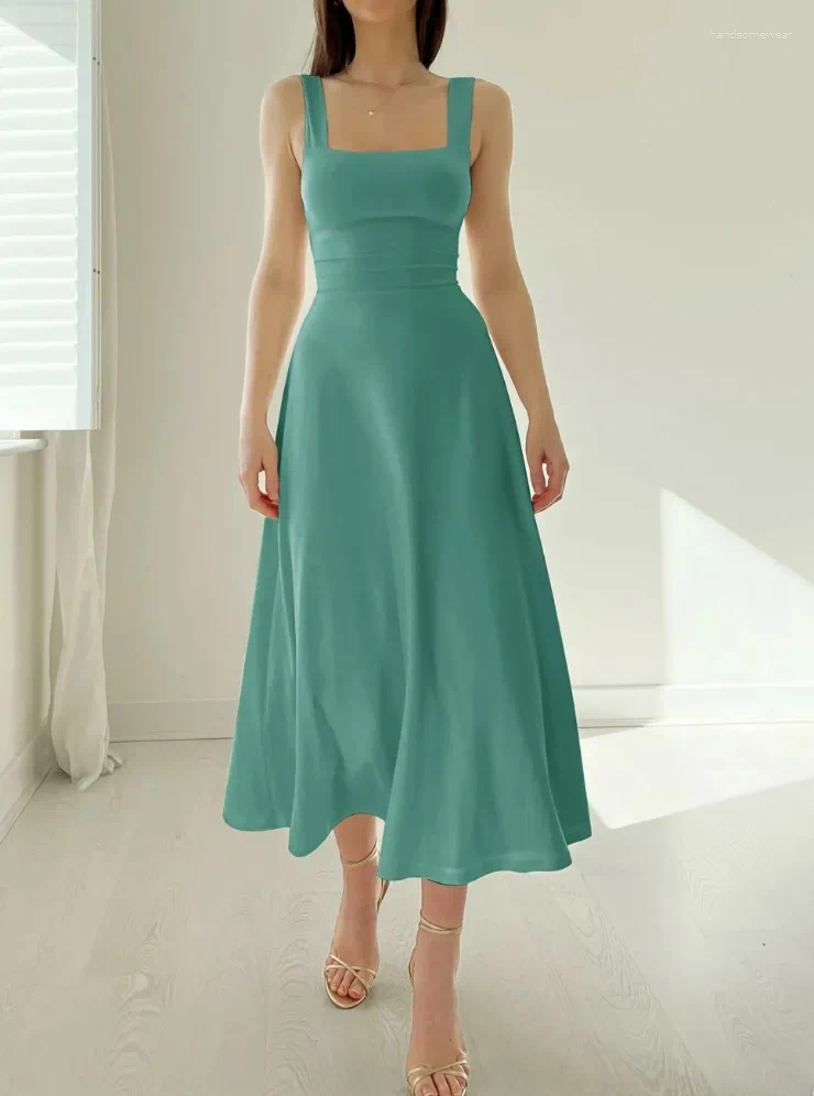 Casual Dresses Thick Straps Midi Dress Summer Formal Wedding Guest Sleeveless Free shipping