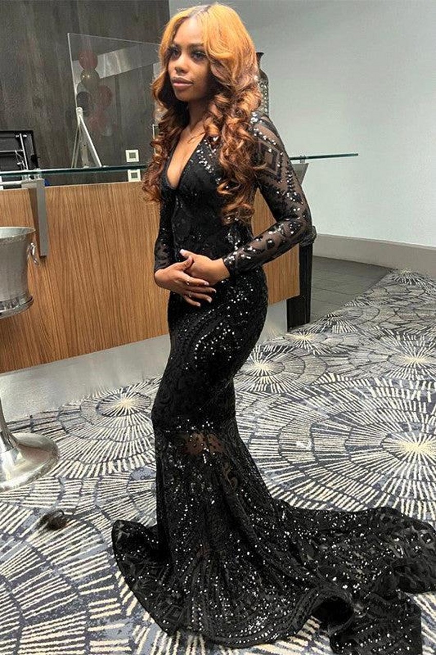 Vintage Black Long Sleeve Lace Sequined Prom Dresses For African Girls 2024 Celebrity Evening Gowns Sexy V Neck Illusion Vestidos de bal BC18481
