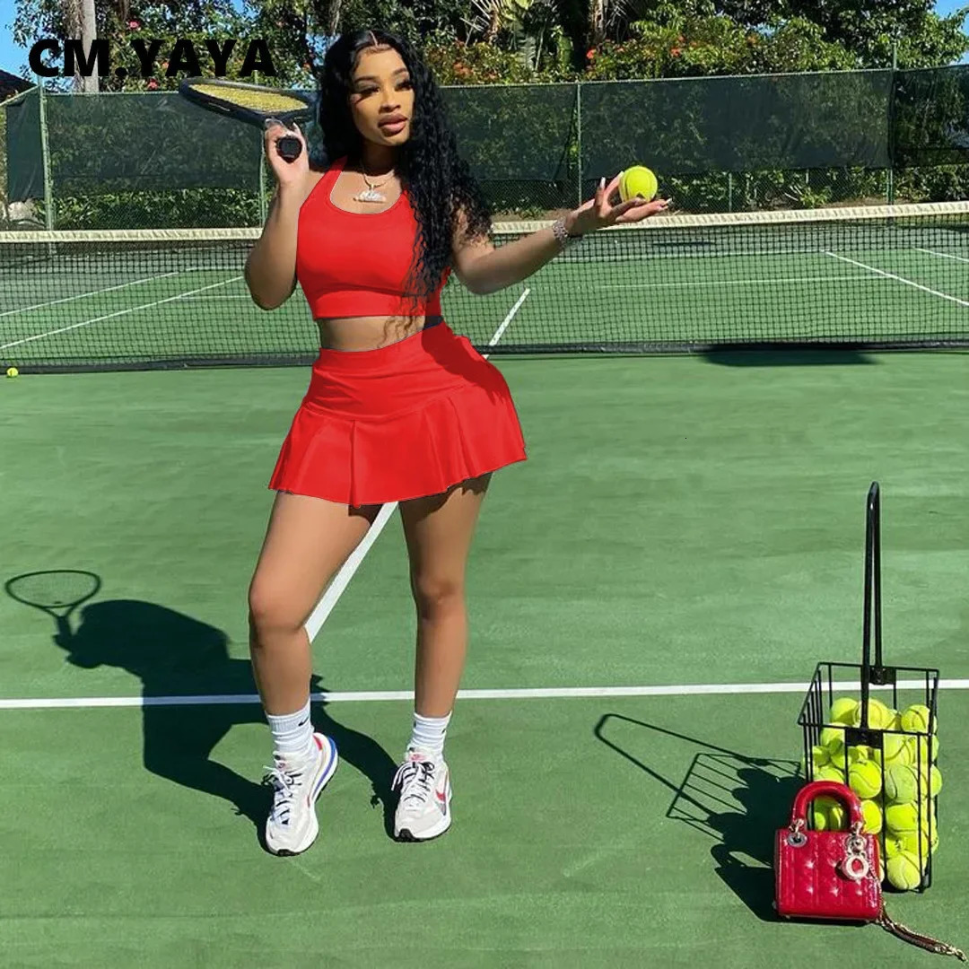 CM.YAYA Sporty Women Two 2 Piece Outfits Set Tank Tops and Pleated Skirts Jogger Fashion Sweatsuit Matching Set Active Tracksuit 240328