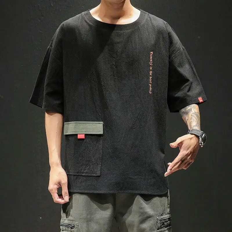 Summer Mens Fashion Letter Pockets Casual Streetwear Cotton T-shirts Y2K Youth O Neck Short Sleeve Loose Tops Ropa Hombre 240321
