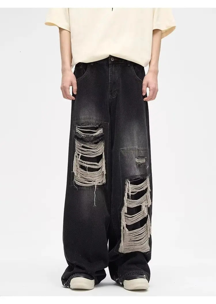 Y2K Man Jeans Korean retro hole repair jeans mens American style high street loose straight wide leg mopping trousers 240318