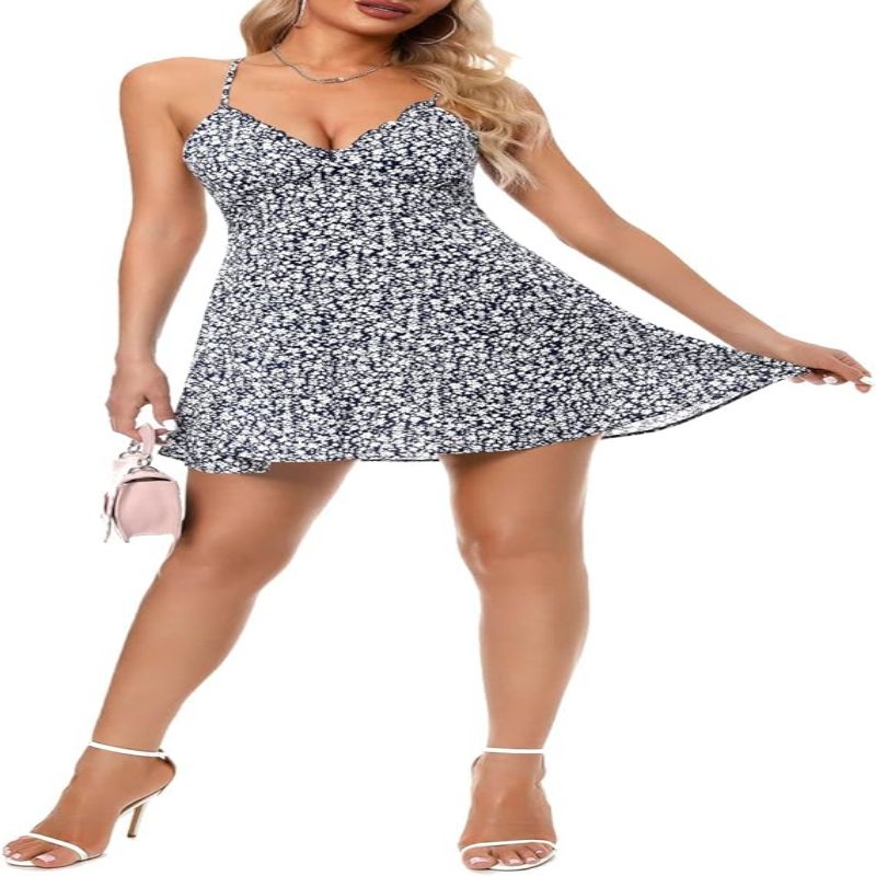 ZAFUL Women's Ditsy Floral Cami Mini Dress V-Neck Cross Back Ruched Frilled A-Line Dress Swing Skater Beach Dress