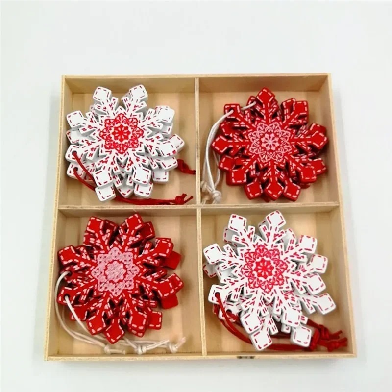 Christmas Tree Set - 2024 Wood Pendant Decorations, 12Pcs Elk Snowflake Stars Xmas Hanging Ornaments for Home Party Festival Holiday Decoration