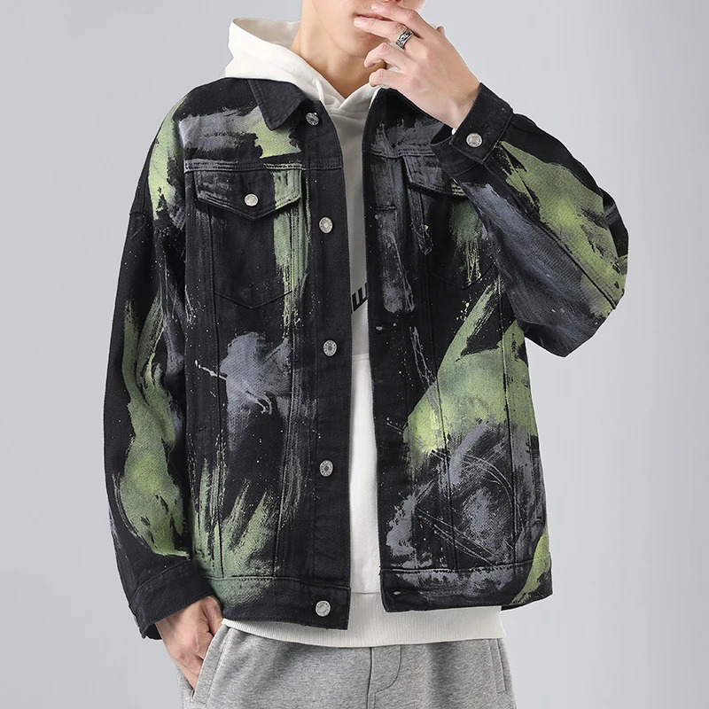 Spring Autumn Fashion Printed Denim Jacket Mens Casual Jeans Streetwear Hip Hop Turn Down Collar Denim Coat Slim Fit Top Clothes 240319