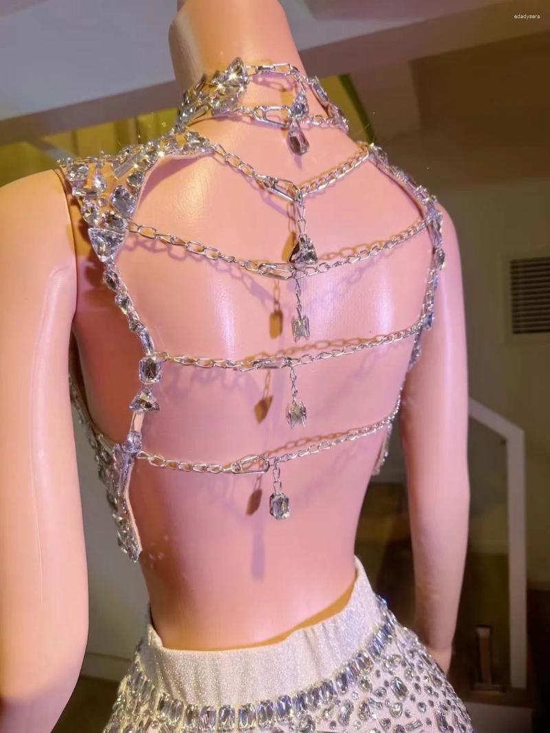 Work Dresses Flashing Rhinestone Sexy Halter Backless Two-Pieces Set Birthday Evening Party Celebrate Stage Costume Nightclub Ball Gown