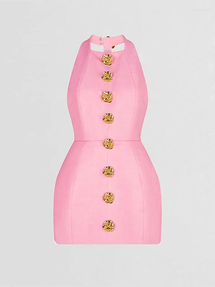 Casual Dresses Sexy Women Solid Pink Halter Hallow Out Backless Mini Dress Elegant Lady Sleeveless Slim Gold Button Party Vestidos