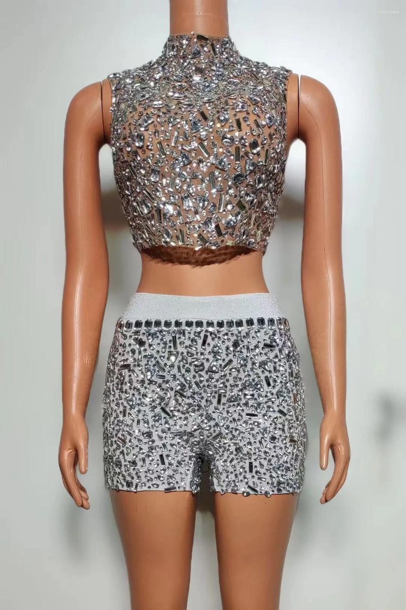 Work Dresses Flashing Rhinestone Sexy Halter Backless Two-Pieces Set Birthday Evening Party Celebrate Stage Costume Nightclub Ball Gown