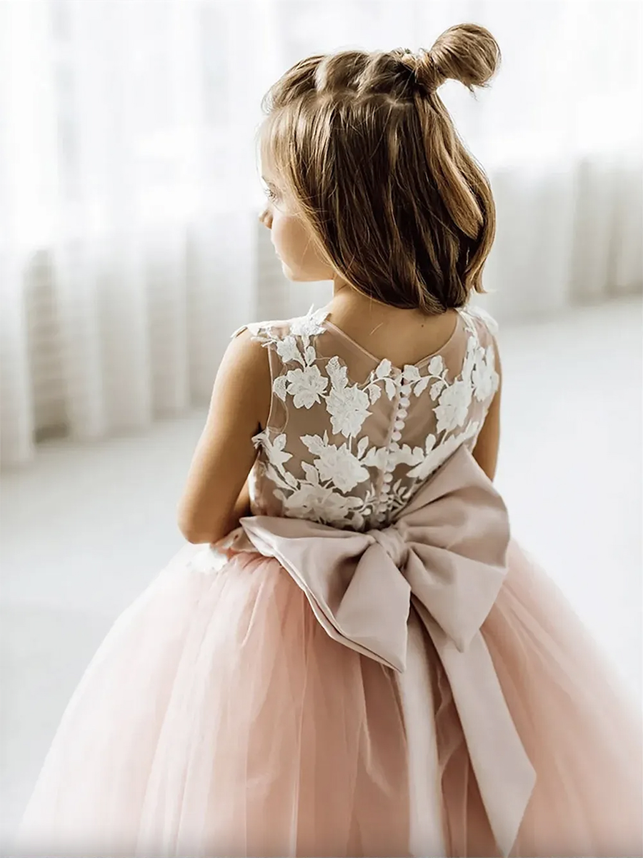 Lace Flower Girl Bows Children's First Communion Princess Tulle Ball Gown Wedding Party Dress