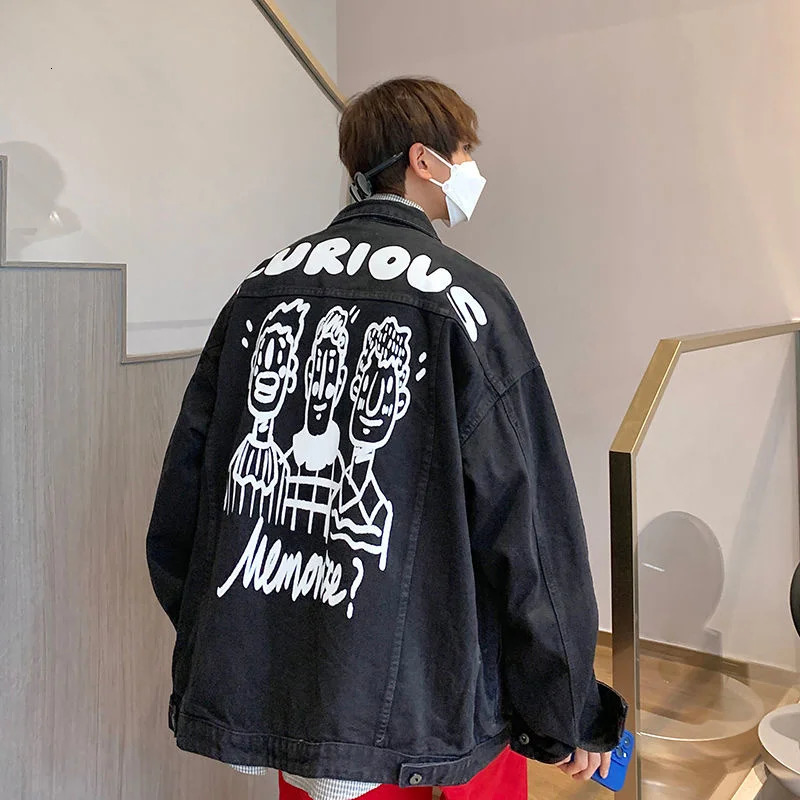 Men Vintage Cartoon Printed Denim Jacket Top Cute Spring Autumn Chic Male Unisex Loose Jeans Coat Casual Overcoat Outerwear 240319