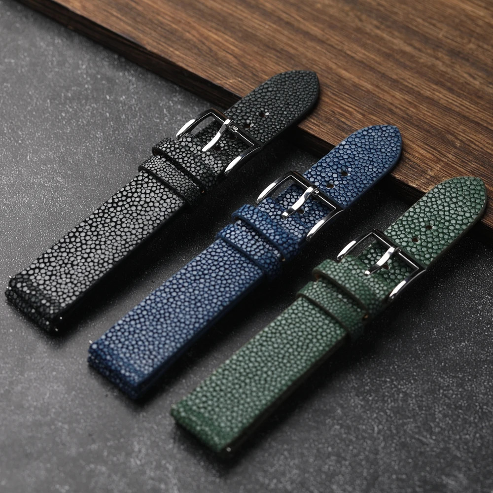 Handmade Pearl Fish Leather Bracelet 18MM 19MM 20MM 21MM 22MM Black Blue Green Watchband Quick Release Watch Strap 240313