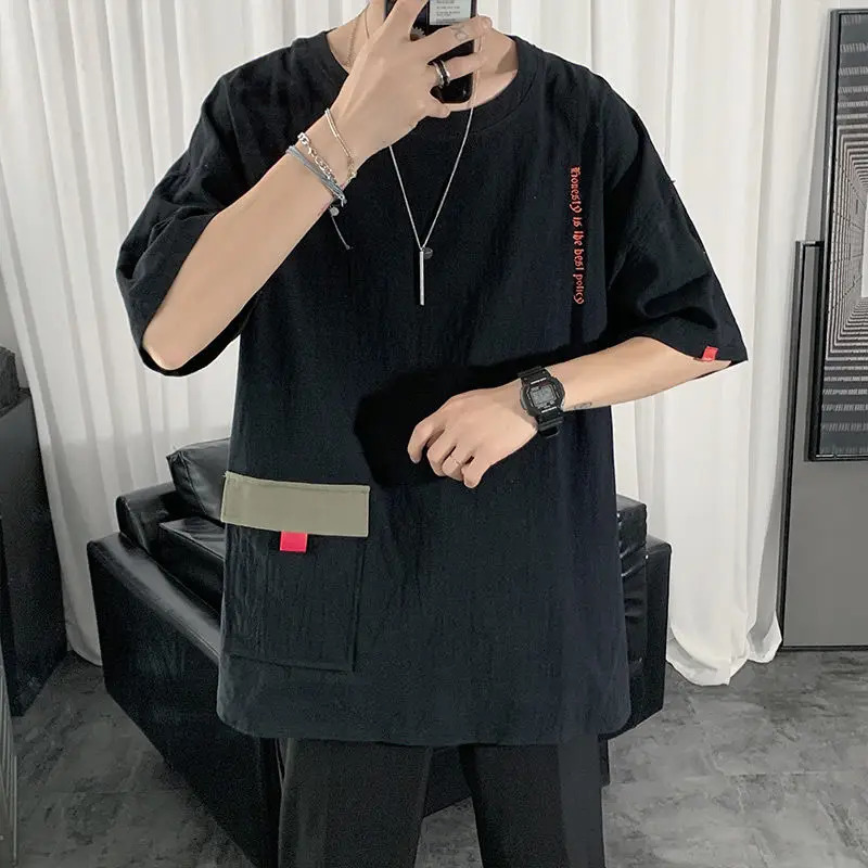 Summer Mens Fashion Letter Pockets Casual Streetwear Cotton T-shirts Y2K Youth O Neck Short Sleeve Loose Tops Ropa Hombre 240321