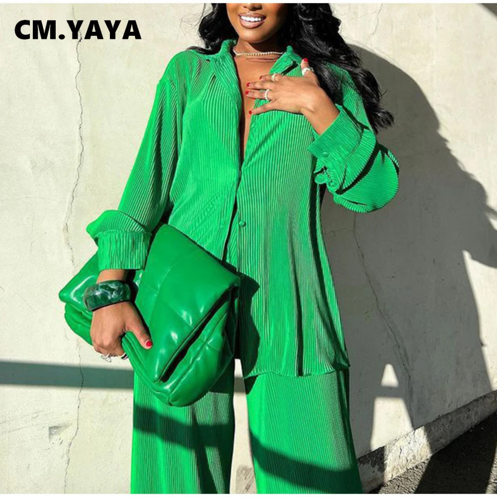 CMYAYA Pleated Womens Set Long Sleeve Shirt Tops and Straight Wide Leg Pants Elegant Tracksuit Two 2 Piece Fitness Outfits 240314