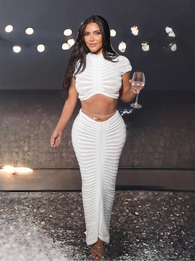Weird Puss Knit Women Tracksuit 2 Piece Set Striped Stretch See Through Shorts Sleeve Crop TopsMaxi Skirts Matching Streetwear 240318