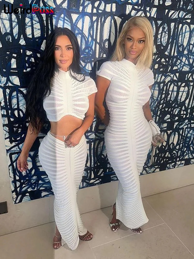 Weird Puss Knit Women Tracksuit 2 Piece Set Striped Stretch See Through Shorts Sleeve Crop TopsMaxi Skirts Matching Streetwear 240318