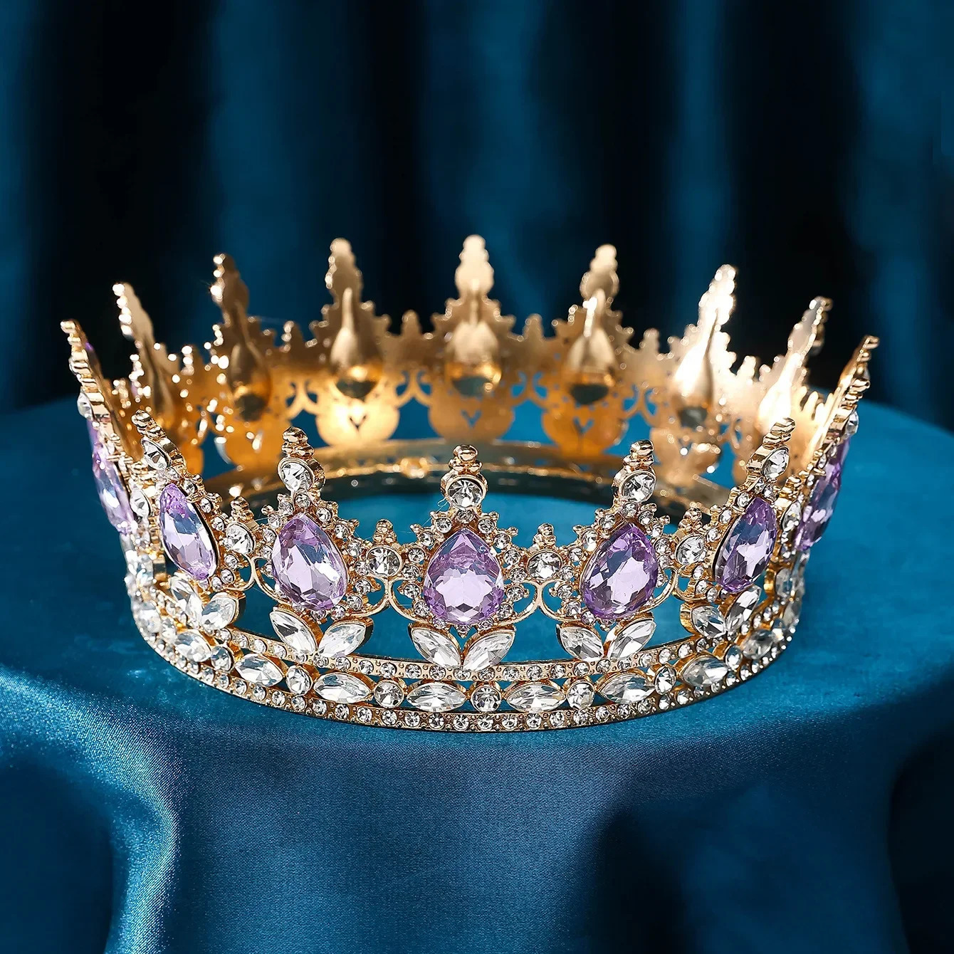 Baroque Round Wedding Crown Bridal Pageant Rhinestone Crystal Tiaras Crown Molding Headpieces For Queens and King 240315