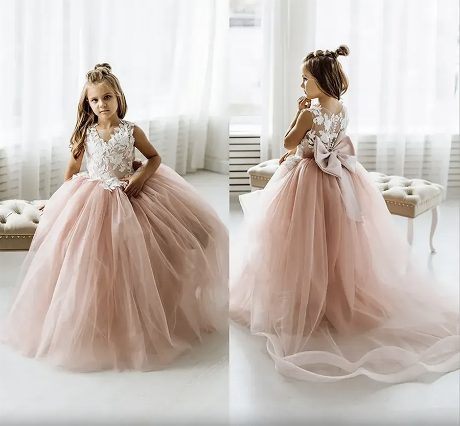 Lace Flower Girl Bows Children's First Communion Princess Tulle Ball Gown Wedding Party Dress