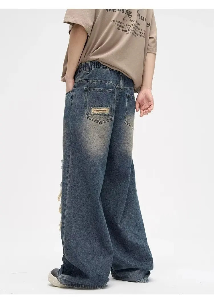 Y2K Man Jeans Korean retro hole repair jeans mens American style high street loose straight wide leg mopping trousers 240318