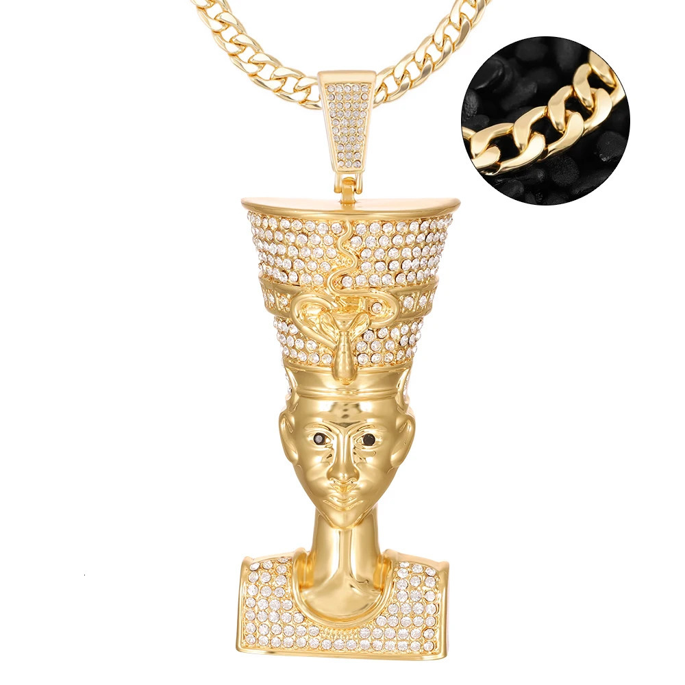 Egyptian Men Necklace Pendant Vintage Gold Color Chain Necklace with cuban chain Iced Out Crystal Gold Hip Hop PunkJewelry 240315