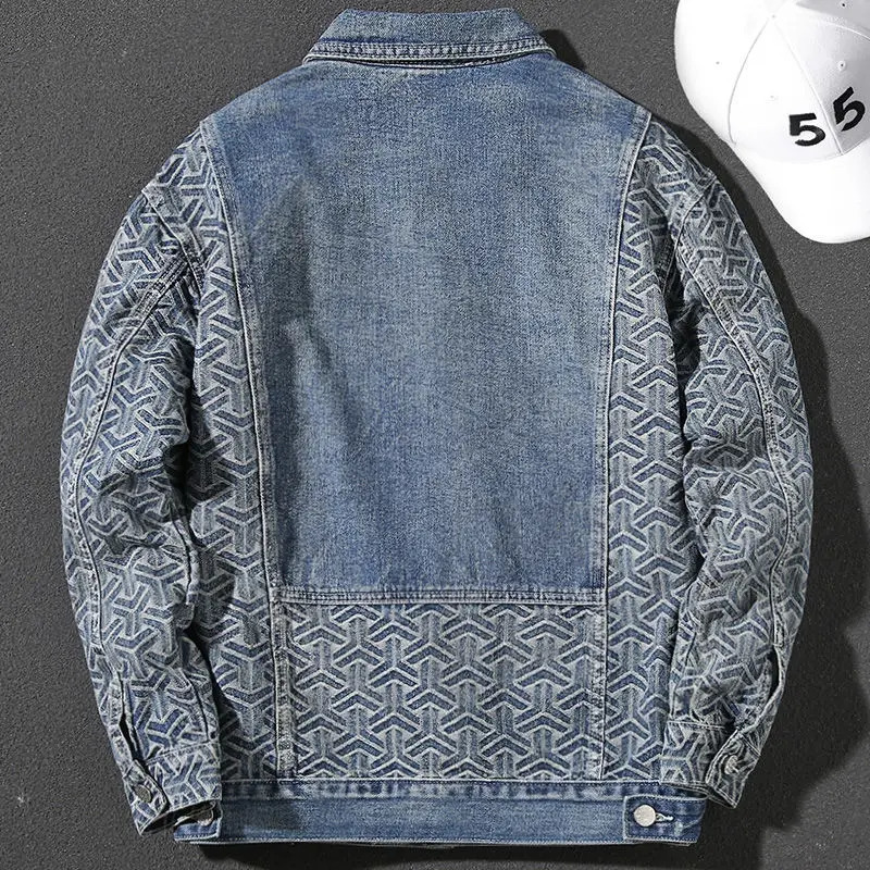 Mens Jeans Jacket Splicing Geometric Patterns Denim Jackets Autumn Fashion Japanese Loose Square Collar Casual Jacket 240319