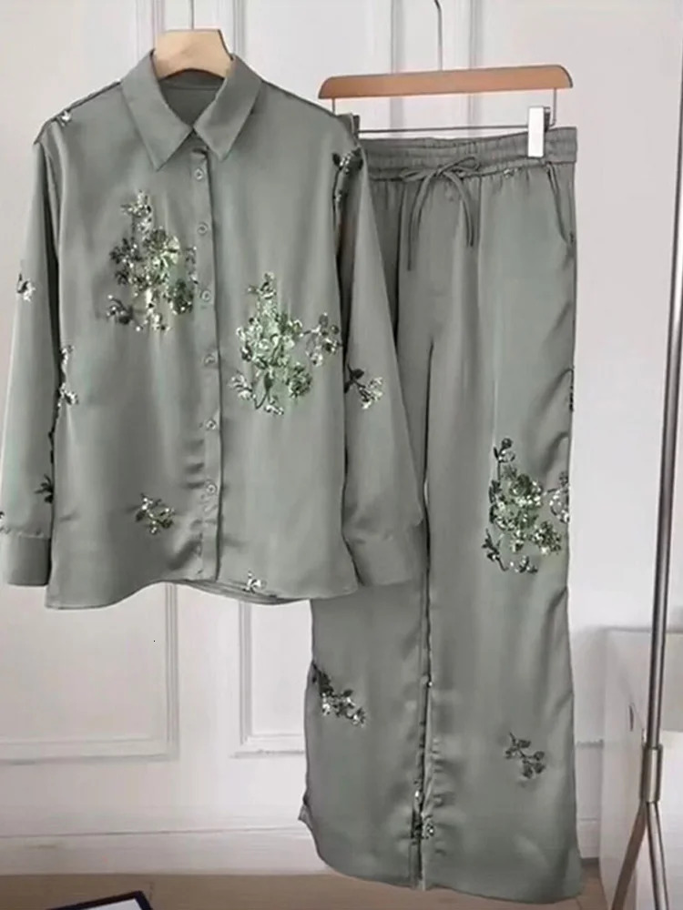 Fashion Sequinned Shirt Suits For Women loose Lapel Long Sleeves Top Elastic Waist Pants Sets 2024 Lady Elegant 2 piece outfits 240314