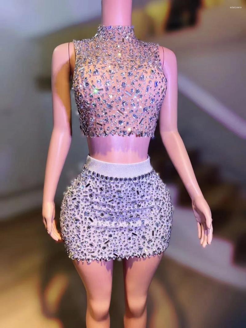 Work Dresses Flashing Rhinestone Sexy Halter Backless Two-Pieces Set Birthday Evening Party Celebrate Stage Costume Nightclub Ball Gown