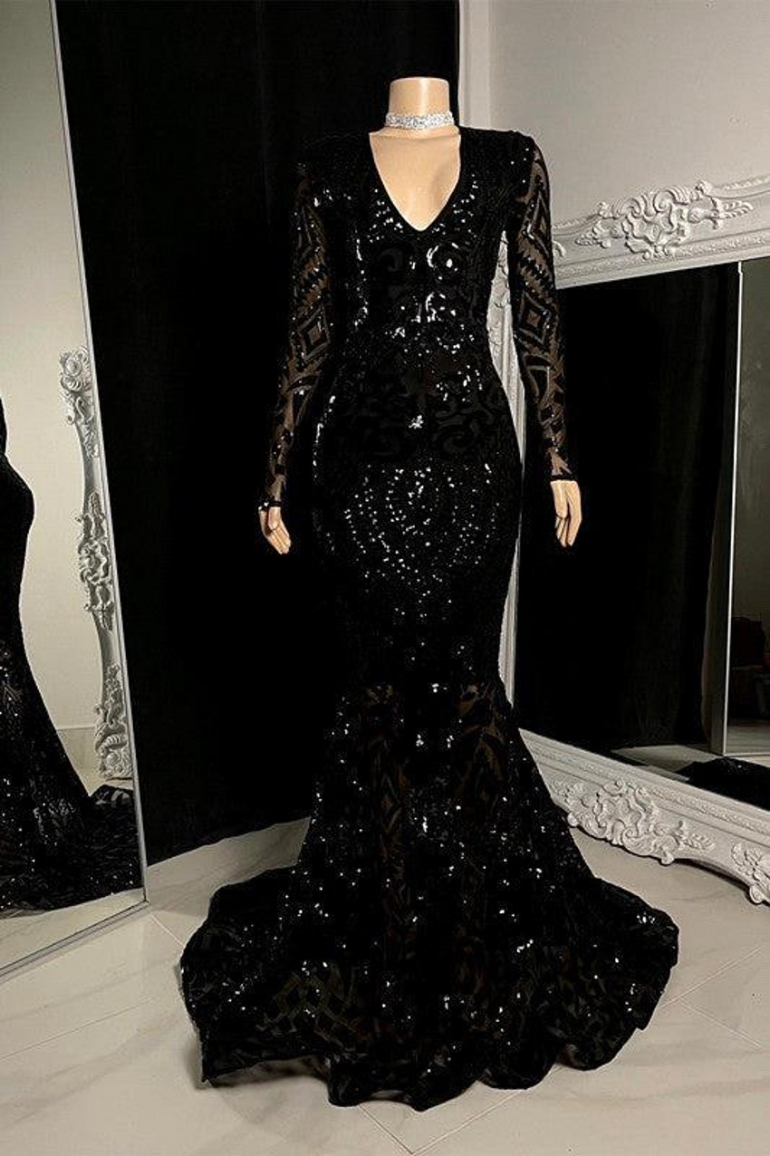 Vintage Black Long Sleeve Lace Sequined Prom Dresses For African Girls 2024 Celebrity Evening Gowns Sexy V Neck Illusion Vestidos de bal BC18481