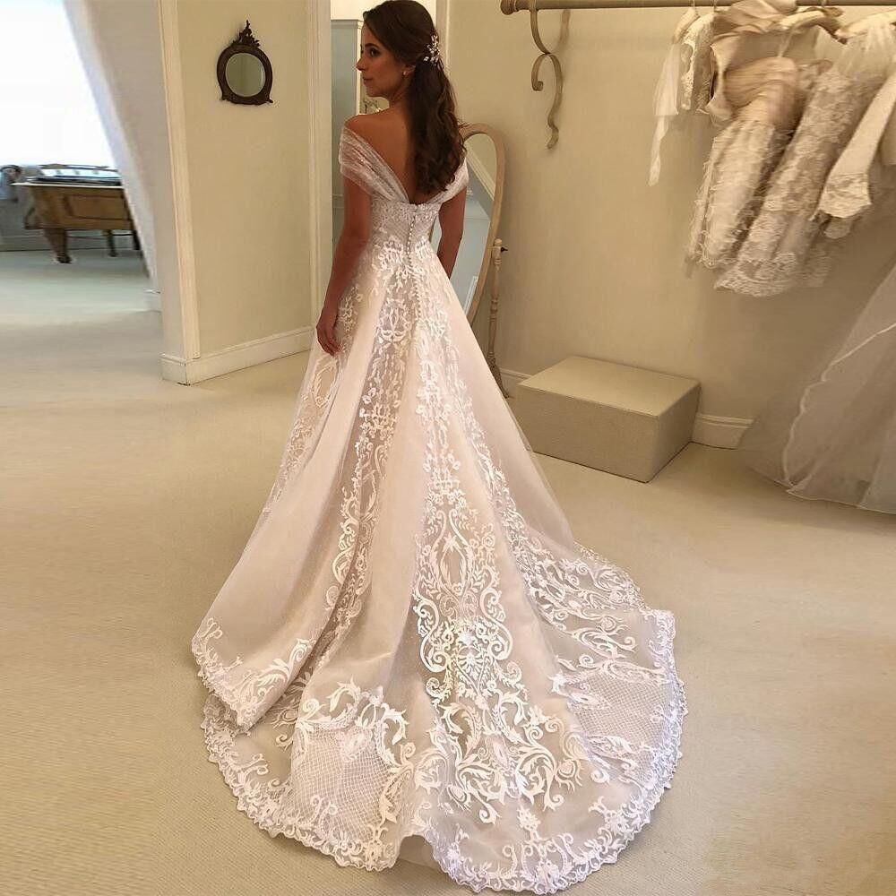 Elegant Lace Mermaid Off Shoulder Wedding Dresses Bridal Gowns Backless Appliques Custom Made Sweep Train Bride Gown Vestidos De Novia