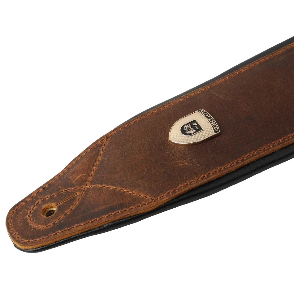 Soldier Top Grain Leather Cowhide Padded Guitar Strap for Electric Bass Adjustable Belt 240326