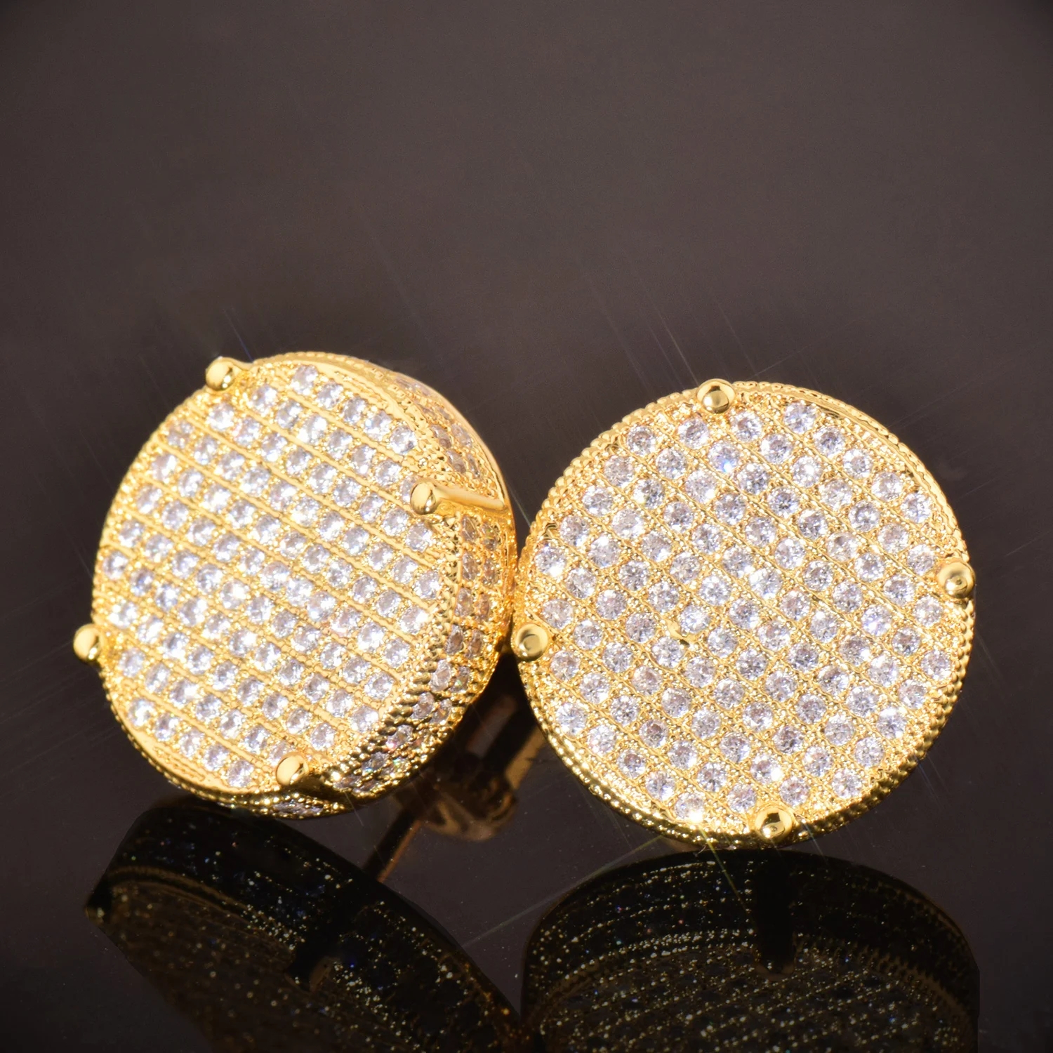 Hello hip-hop 14MM Big Round Stud Earring Screw Back Iced Out Cubic Zirconia Men Women Earrings Gold Color Hip Hop Jewelry Fashion Gift