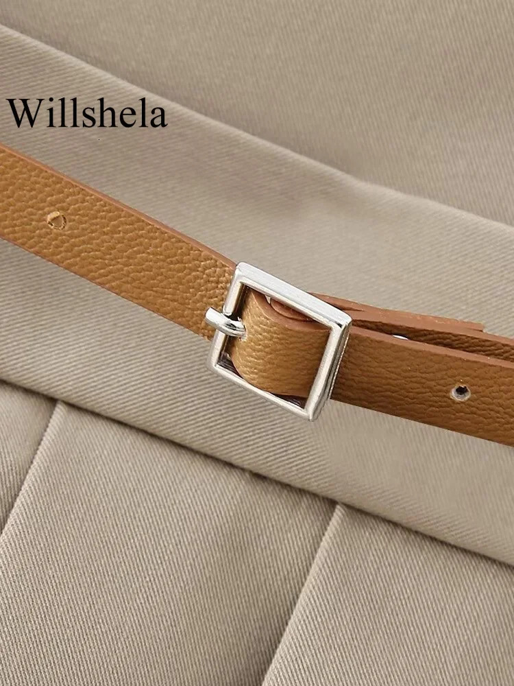 Willshela Women Fashion With Belt Solid Pleated Side Zipper Mini Skirts Shorts Vintage High Waist Female Chic Lady Shorts 240312