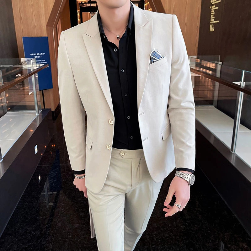 2024 high quality Mens suit trousers High fashion Korean version slim party groom dress twopiece set M4X 240326