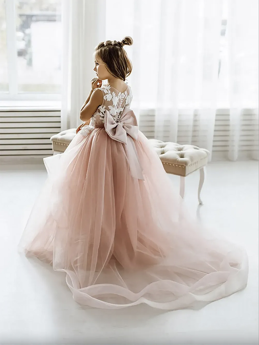 Lace Flower Girl Bows Children's First Communion Princess Tulle Ball Gown Wedding Party Dress