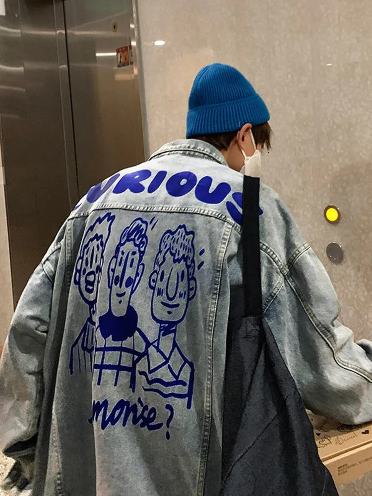 Men Vintage Cartoon Printed Denim Jacket Top Cute Spring Autumn Chic Male Unisex Loose Jeans Coat Casual Overcoat Outerwear 240319