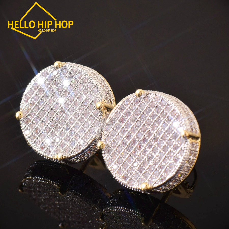 Hello hip-hop 14MM Big Round Stud Earring Screw Back Iced Out Cubic Zirconia Men Women Earrings Gold Color Hip Hop Jewelry Fashion Gift