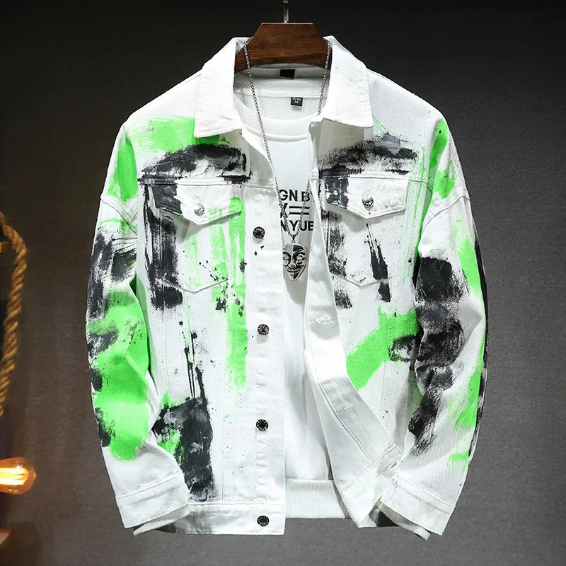 Spring Autumn Fashion Printed Denim Jacket Mens Casual Jeans Streetwear Hip Hop Turn Down Collar Denim Coat Slim Fit Top Clothes 240319