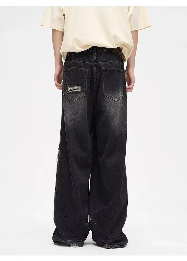 Y2K Man Jeans Korean retro hole repair jeans mens American style high street loose straight wide leg mopping trousers 240318