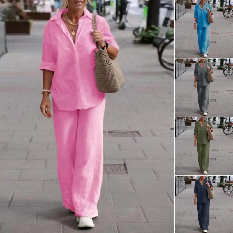 Womens Two Piece Pants 1 Set Trendy Women Summer Suit Two-piece Plus Size Casual Outfit Linen Top Long