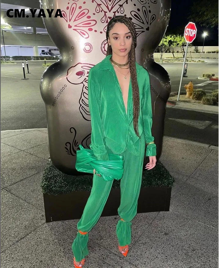 CMYAYA Pleated Womens Set Long Sleeve Shirt Tops and Straight Wide Leg Pants Elegant Tracksuit Two 2 Piece Fitness Outfits 240314