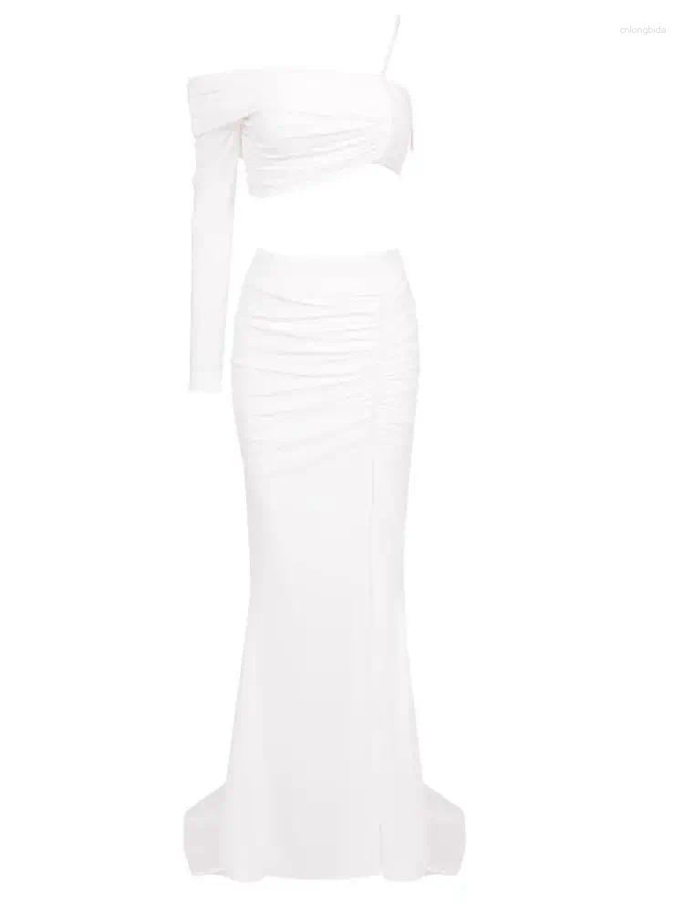 Work Dresses Summer Women Sexy Long Sleeves 2-piece Set One Shoulder Pearl Design Crop Top & Maxi Split Drap Skirt Suit