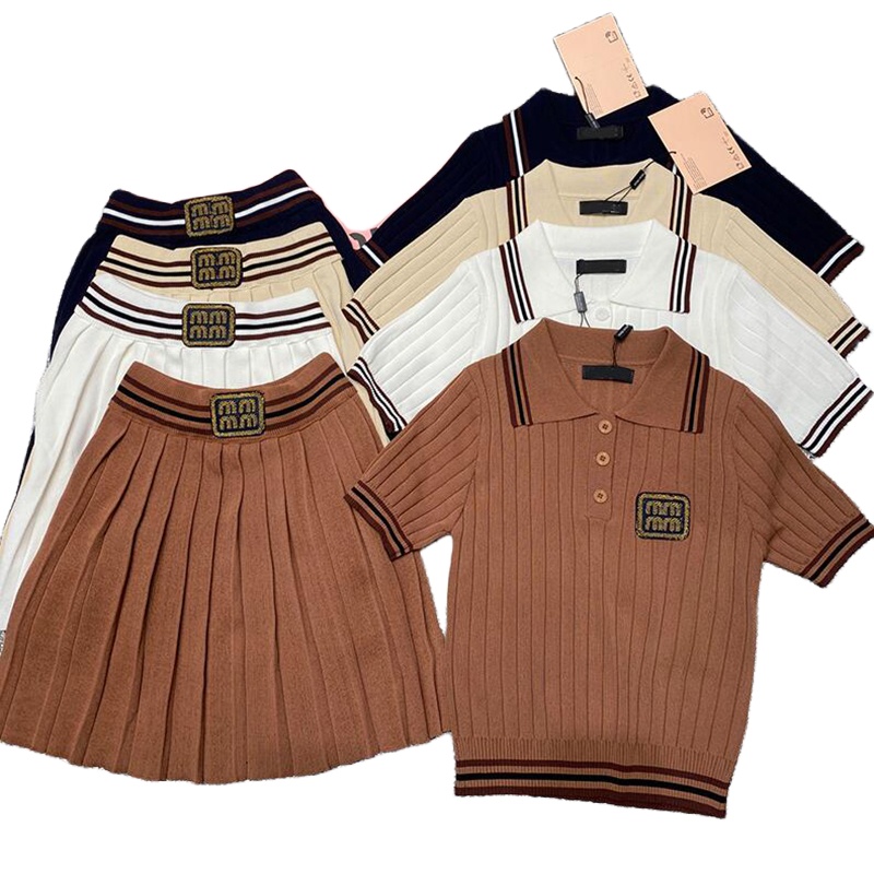 Fashion Two Piece Sets For Women Elastic Casual Two Piece Dress Short Sleeved Knitwear Pleated Skirt Set