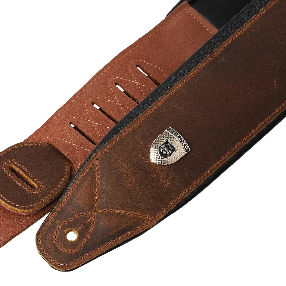 Soldier Top Grain Leather Cowhide Padded Guitar Strap for Electric Bass Adjustable Belt 240326