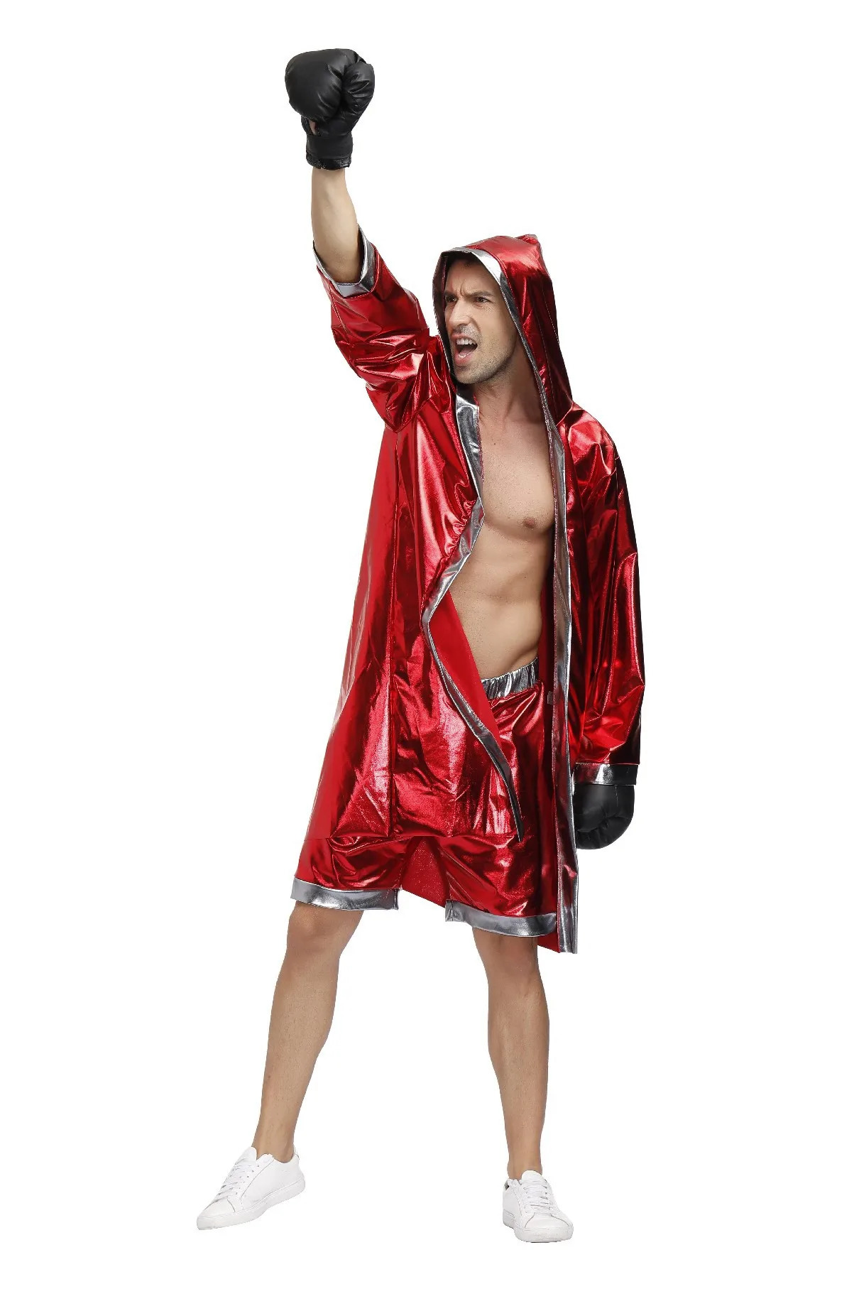 Man And Women Boxer Uniform Red Boxing Champion Cosplay Costume for Couple Sexy Hooded Cloak Robe Shorts Halloween Party Outfit 240319